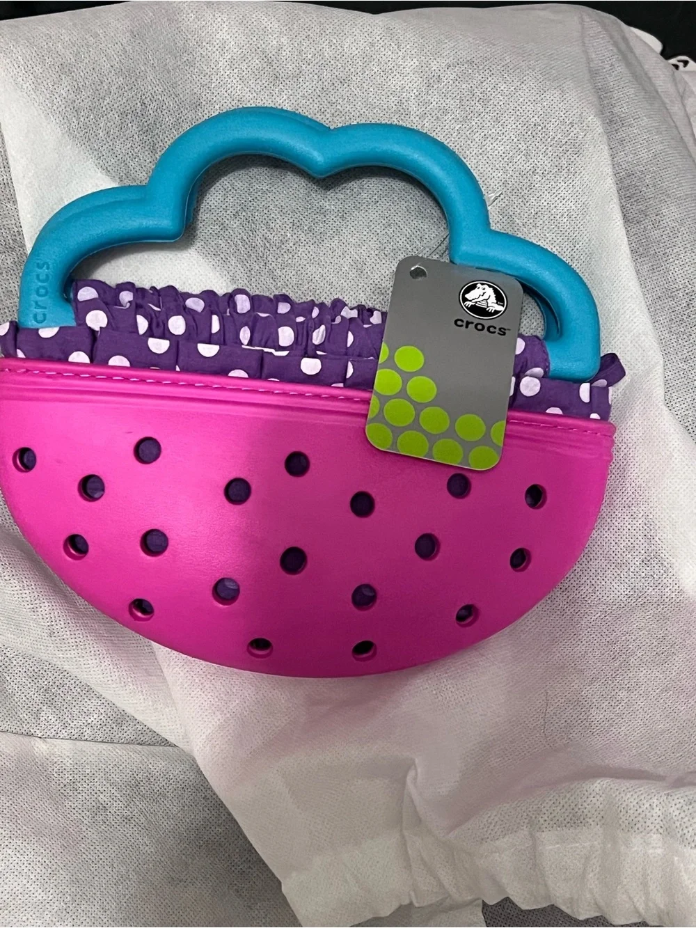 CROCS Kids Pink Bag with Purple Lining and Blue Cloud Handle